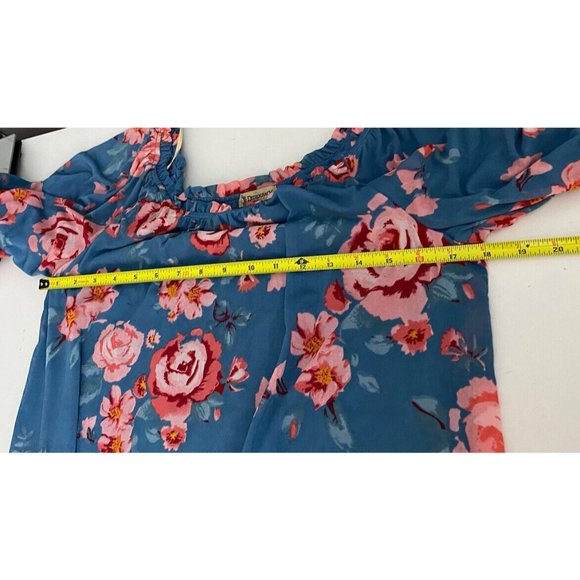 Democracy Floral Print Boho Ruffle Peasant Hippie Blouse S Mesh Fabric Blue $68 - Picture 6 of 11